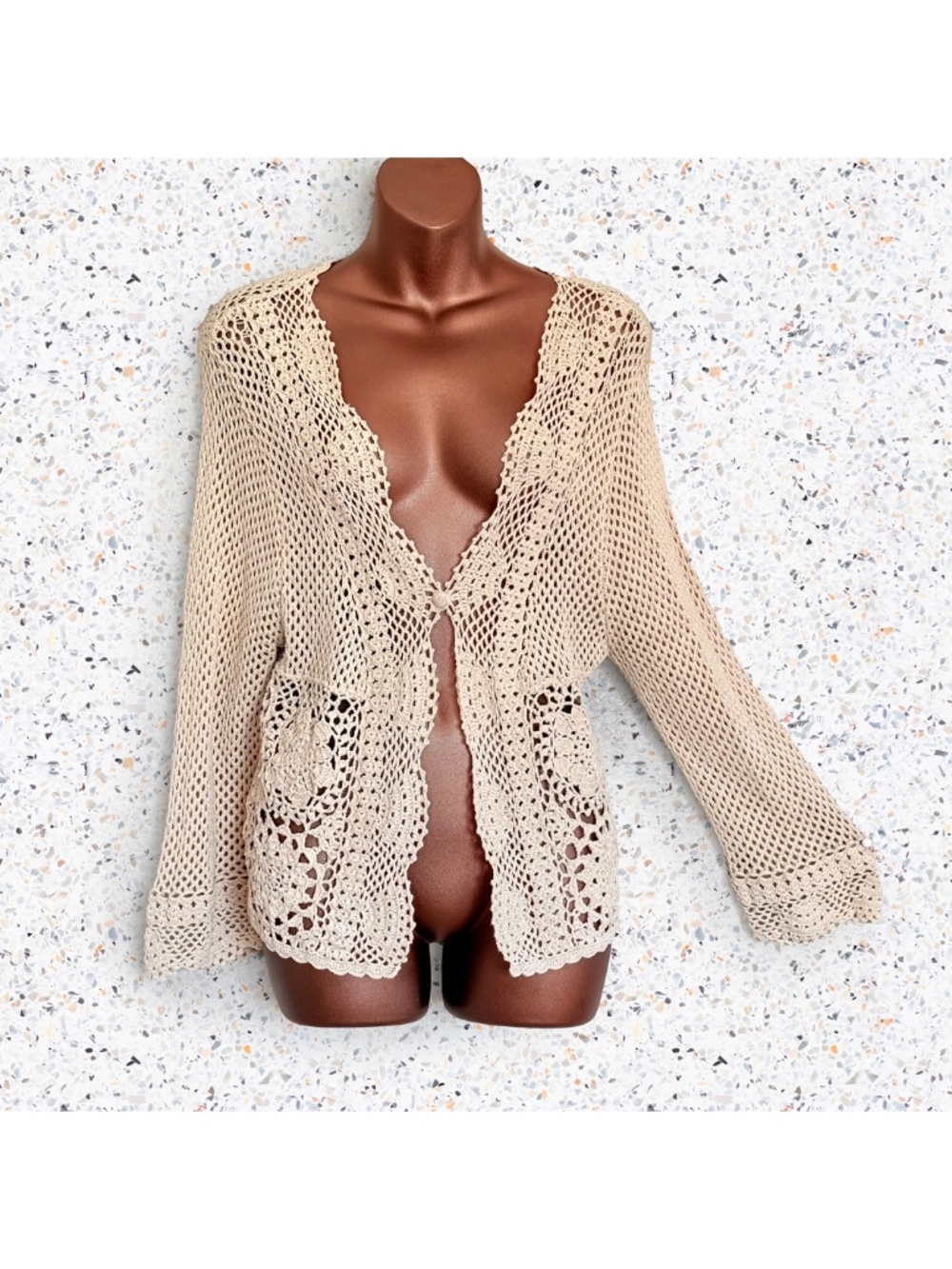 VTG 90s Boho Cottage Crochet Knit Cardigan Bell Sleeve Fairy Coquette Shrug XL